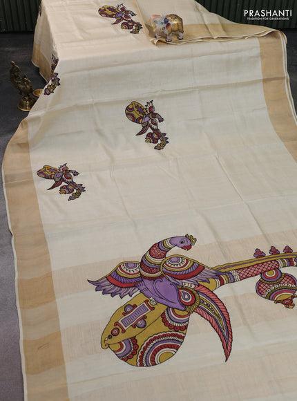 Pure tussar silk saree cream with kalamkari applique work