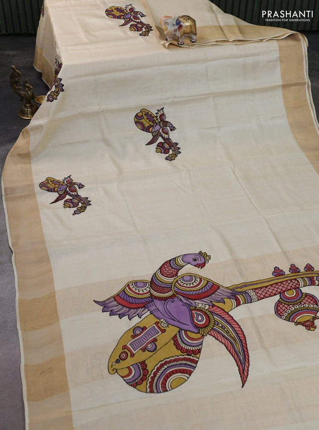Pure tussar silk saree cream with kalamkari applique work