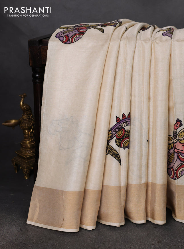 Pure tussar silk saree cream with kalamkari applique work