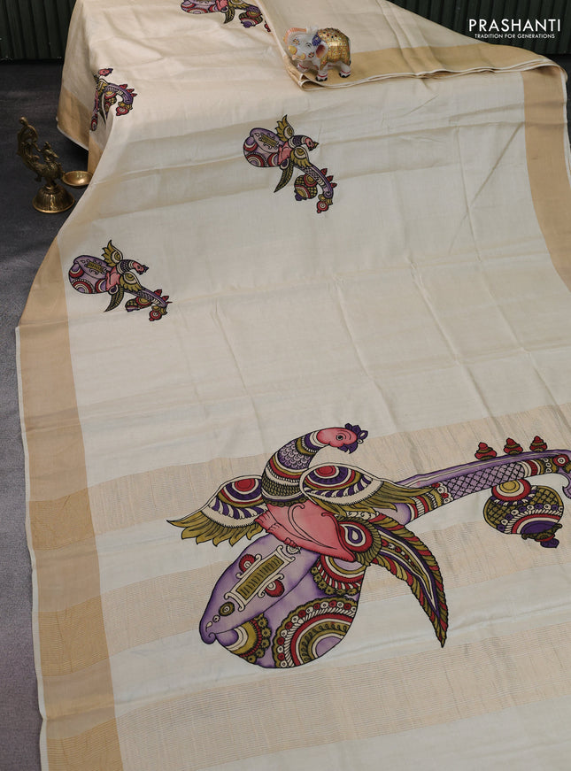 Pure tussar silk saree cream with kalamkari applique work