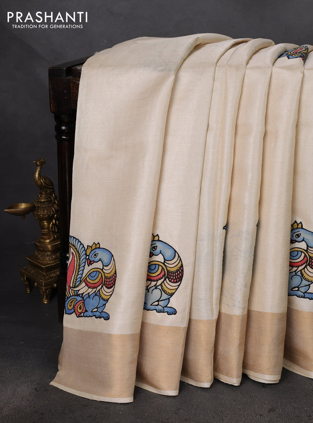 Pure tussar silk saree cream with kalamkari applique work