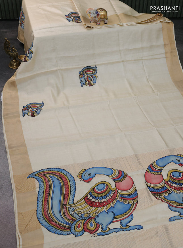 Pure tussar silk saree cream with kalamkari applique work