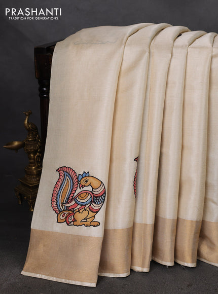Pure tussar silk saree cream with kalamkari applique work