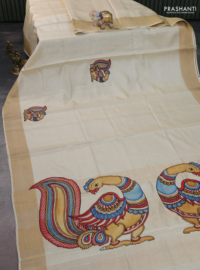 Pure tussar silk saree cream with kalamkari applique work