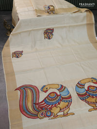 Pure tussar silk saree cream with kalamkari applique work