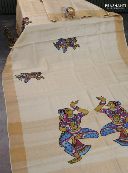 Pure tussar silk saree cream with kalamkari applique work