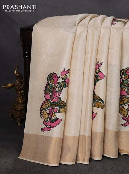 Pure tussar silk saree cream with kalamkari applique work