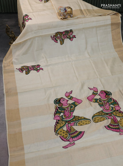 Pure tussar silk saree cream with kalamkari applique work