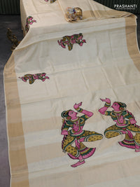 Pure tussar silk saree cream with kalamkari applique work