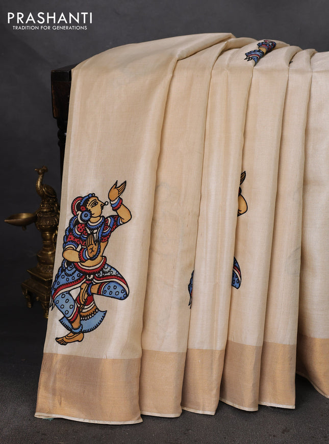 Pure tussar silk saree cream with kalamkari applique work