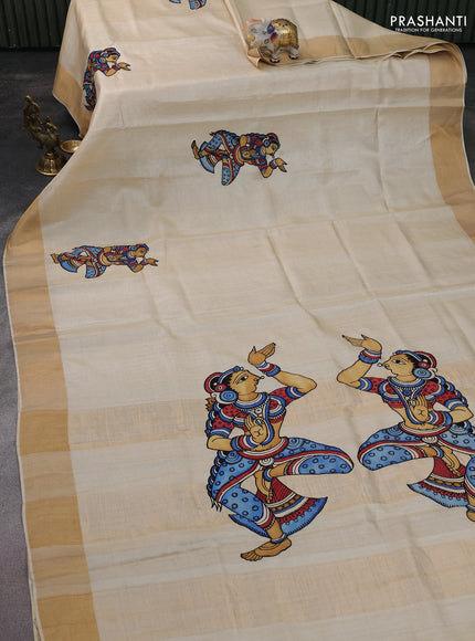 Pure tussar silk saree cream with kalamkari applique work
