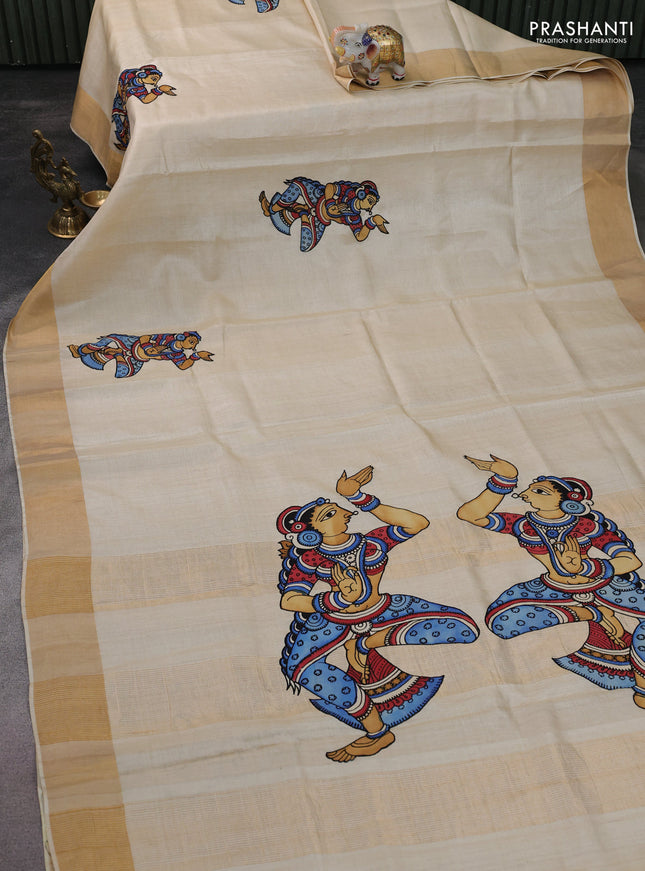 Pure tussar silk saree cream with kalamkari applique work