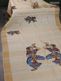 Pure tussar silk saree cream with kalamkari applique work