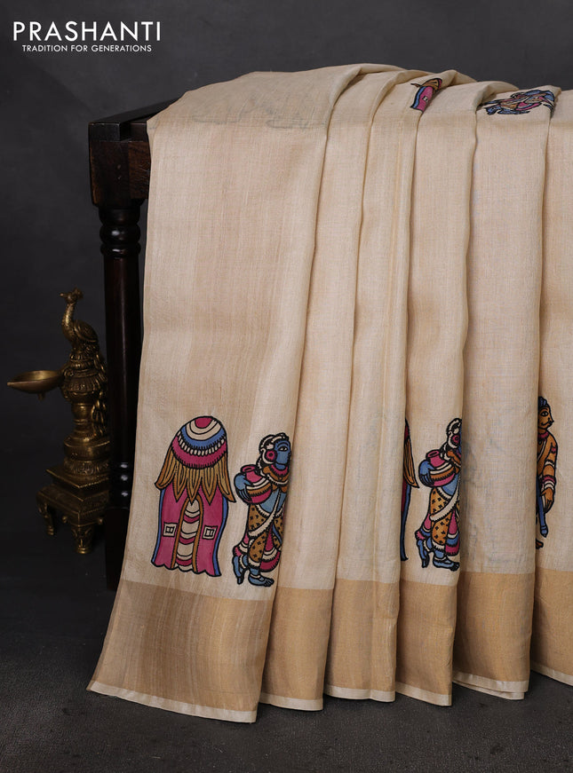 Pure tussar silk saree cream with kalamkari applique work