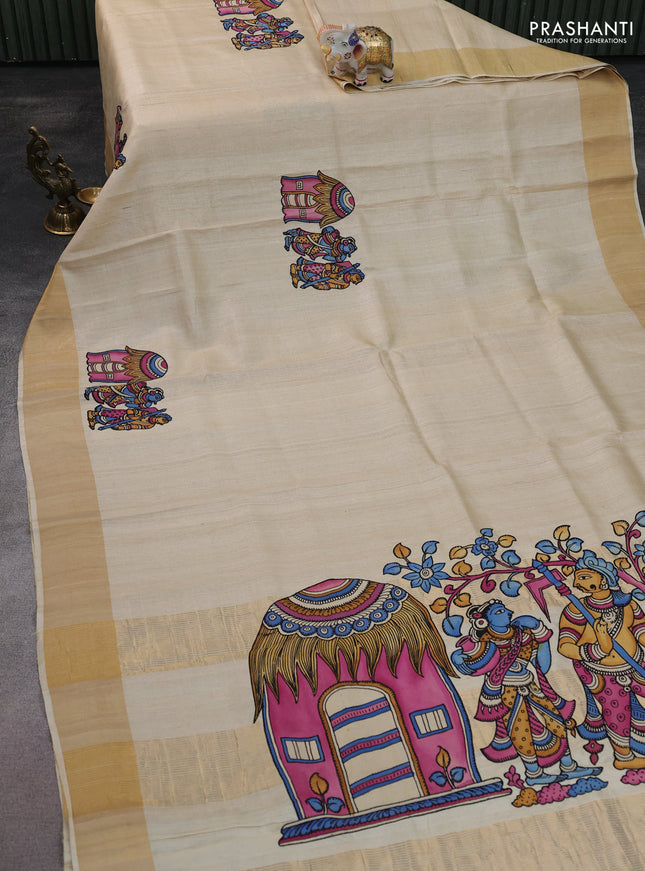Pure tussar silk saree cream with kalamkari applique work