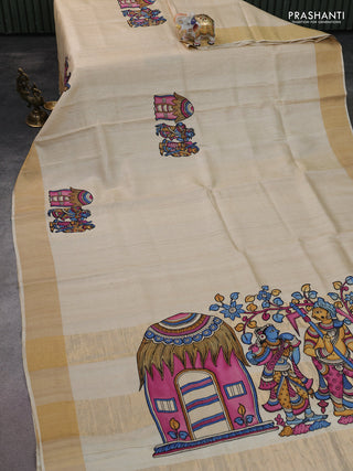 Pure tussar silk saree cream with kalamkari applique work