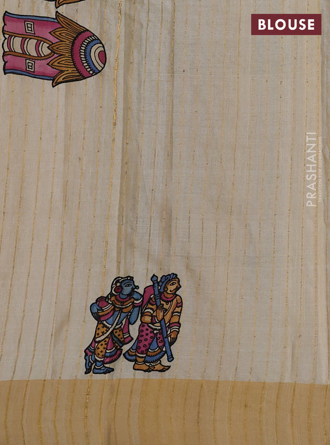 Pure tussar silk saree cream with kalamkari applique work