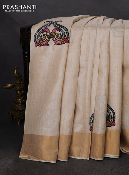 Pure tussar silk saree cream with kalamkari applique work