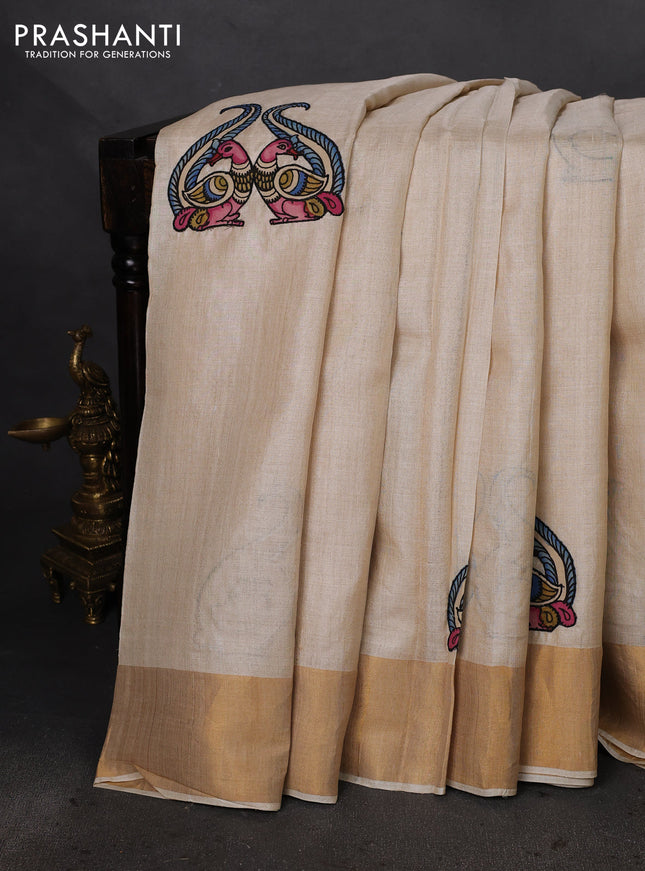 Pure tussar silk saree cream with kalamkari applique work