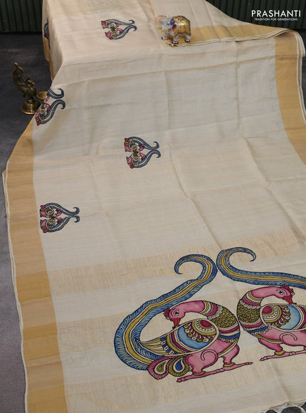 Pure tussar silk saree cream with kalamkari applique work