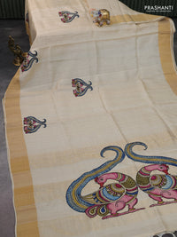 Pure tussar silk saree cream with kalamkari applique work
