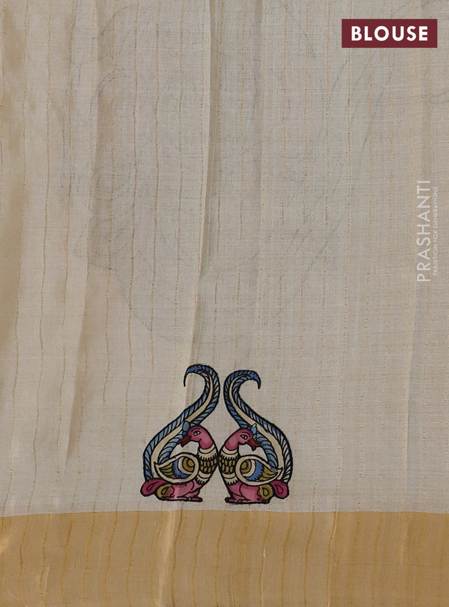 Pure tussar silk saree cream with kalamkari applique work