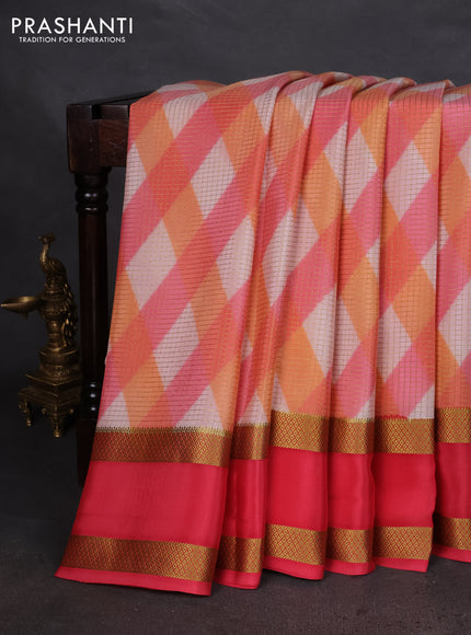 Pure mysore silk saree multi colour and dark peach with allover checks & geometric prints and rettapet zari woven border