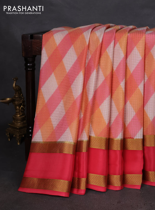 Pure mysore silk saree multi colour and dark peach with allover checks & geometric prints and rettapet zari woven border