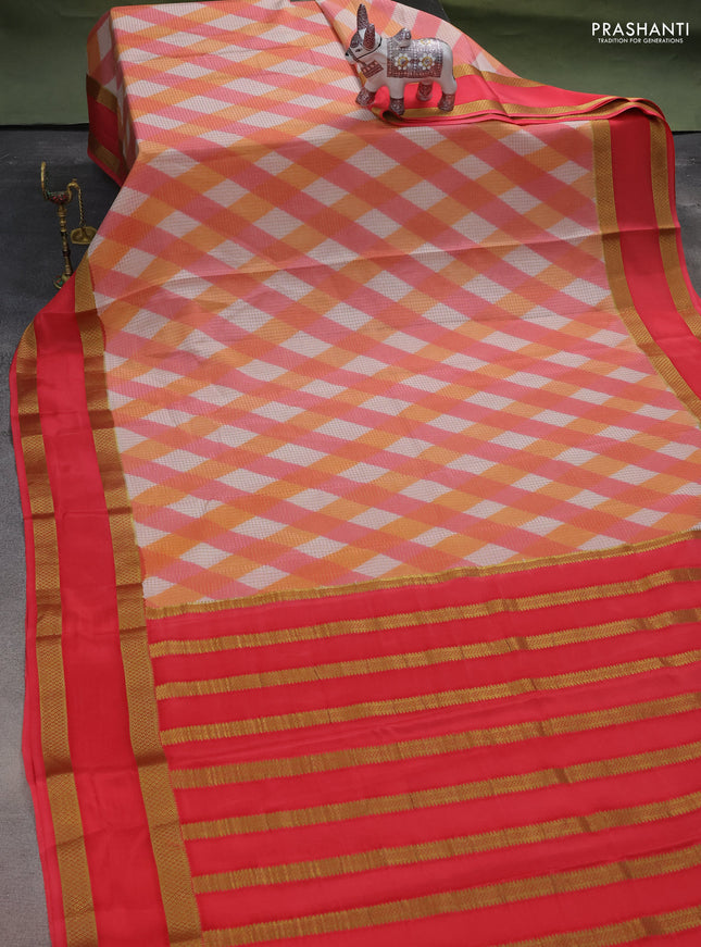 Pure mysore silk saree multi colour and dark peach with allover checks & geometric prints and rettapet zari woven border