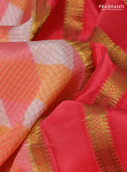 Pure mysore silk saree multi colour and dark peach with allover checks & geometric prints and rettapet zari woven border