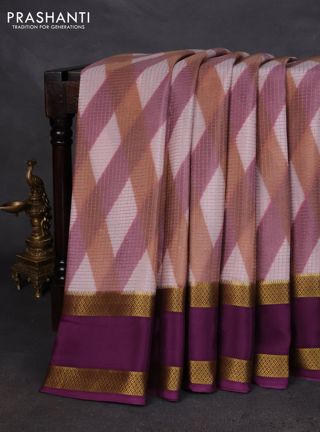 Pure mysore silk saree multi colour and jamun shade with allover checks & geometric prints and rettapet zari woven border