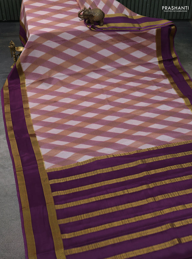 Pure mysore silk saree multi colour and jamun shade with allover checks & geometric prints and rettapet zari woven border