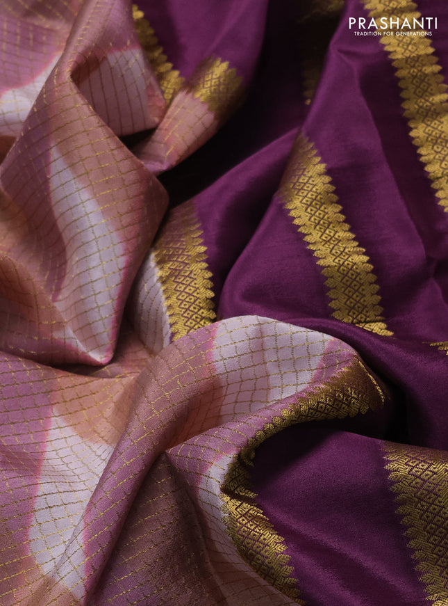 Pure mysore silk saree multi colour and jamun shade with allover checks & geometric prints and rettapet zari woven border