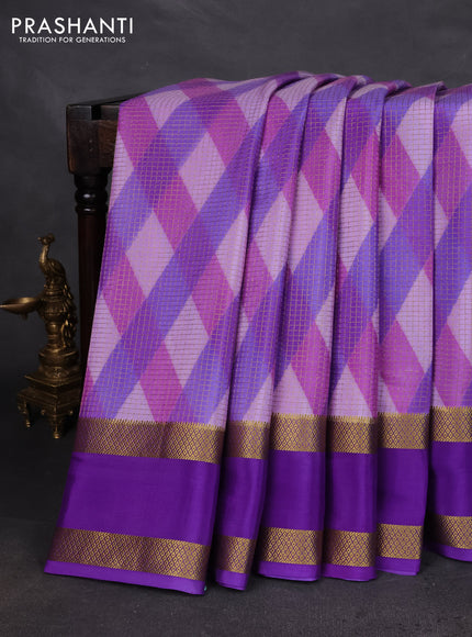 Pure mysore silk saree lavender shade with allover checks & geometric prints and rettapet zari woven border