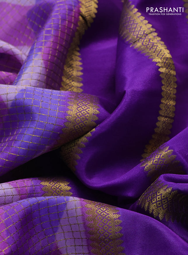 Pure mysore silk saree lavender shade with allover checks & geometric prints and rettapet zari woven border