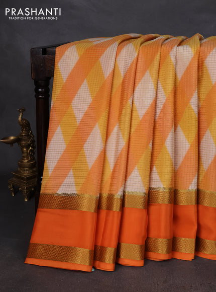 Pure mysore silk saree orange with allover checks & geometric prints and rettapet zari woven border