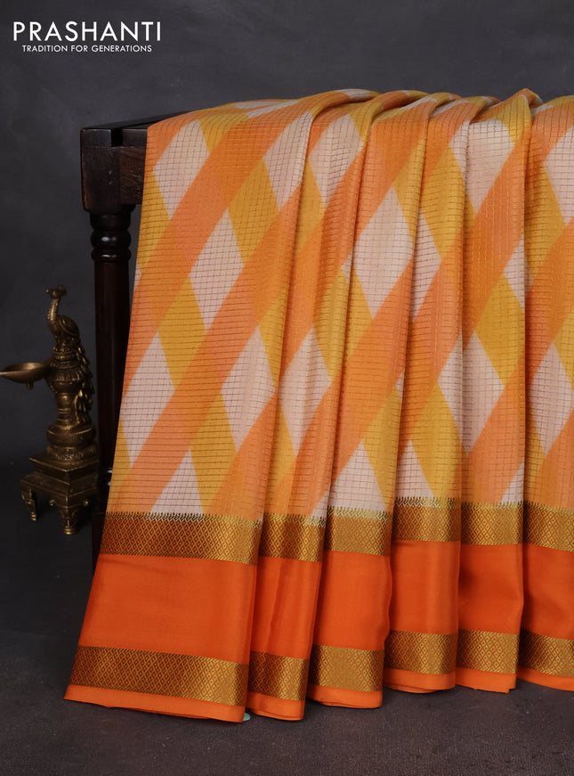 Pure mysore silk saree orange with allover checks & geometric prints and rettapet zari woven border