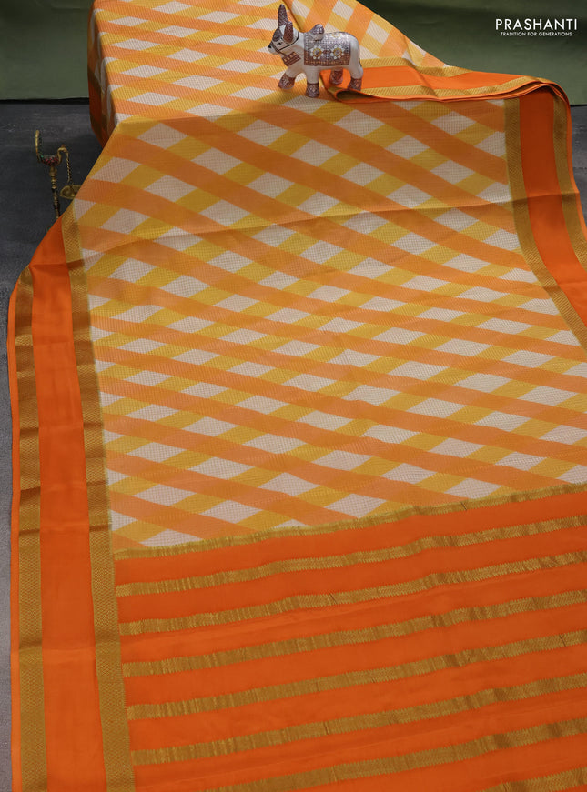 Pure mysore silk saree orange with allover checks & geometric prints and rettapet zari woven border