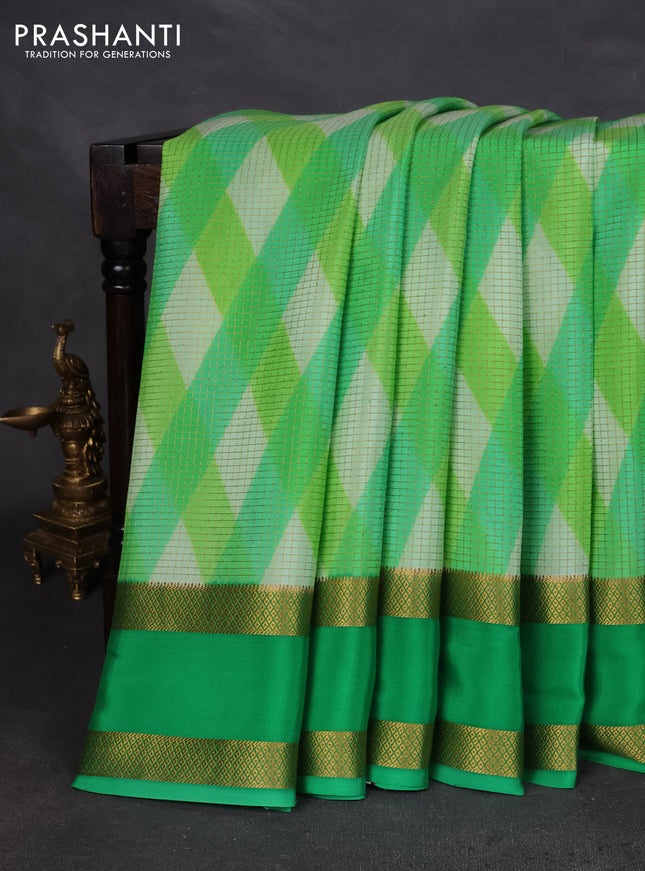 Pure mysore silk saree green with allover checks & geometric prints and rettapet zari woven border