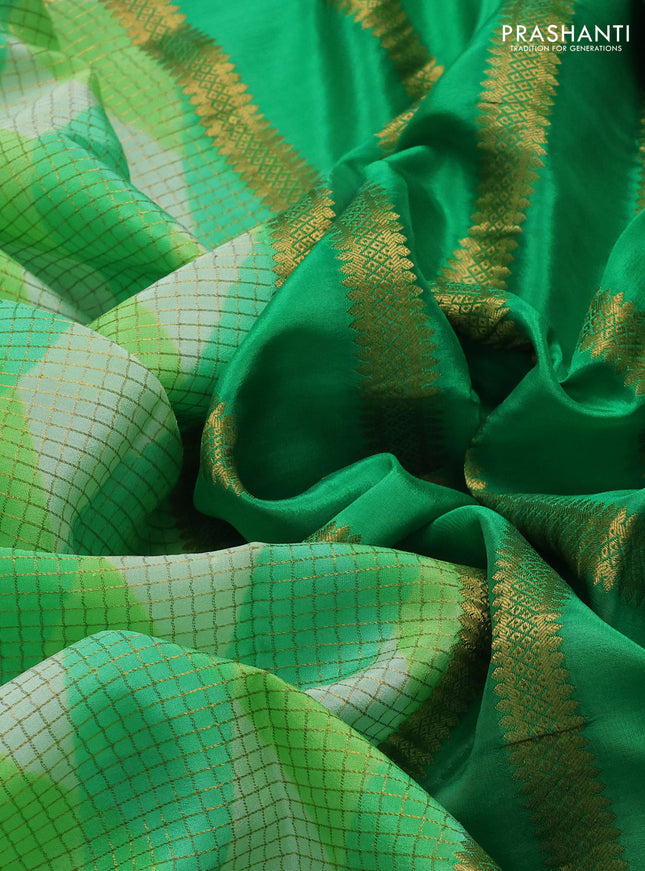 Pure mysore silk saree green with allover checks & geometric prints and rettapet zari woven border