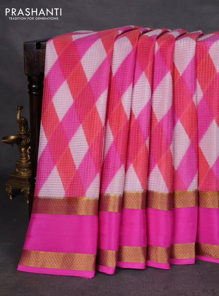 Pure mysore silk saree multi colour and pink with allover checks & geometric prints and rettapet zari woven border