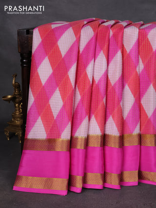 Pure mysore silk saree multi colour and pink with allover checks & geometric prints and rettapet zari woven border