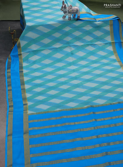 Pure mysore silk saree teal and cs blue shade with allover checks & geometric prints and rettapet zari woven border