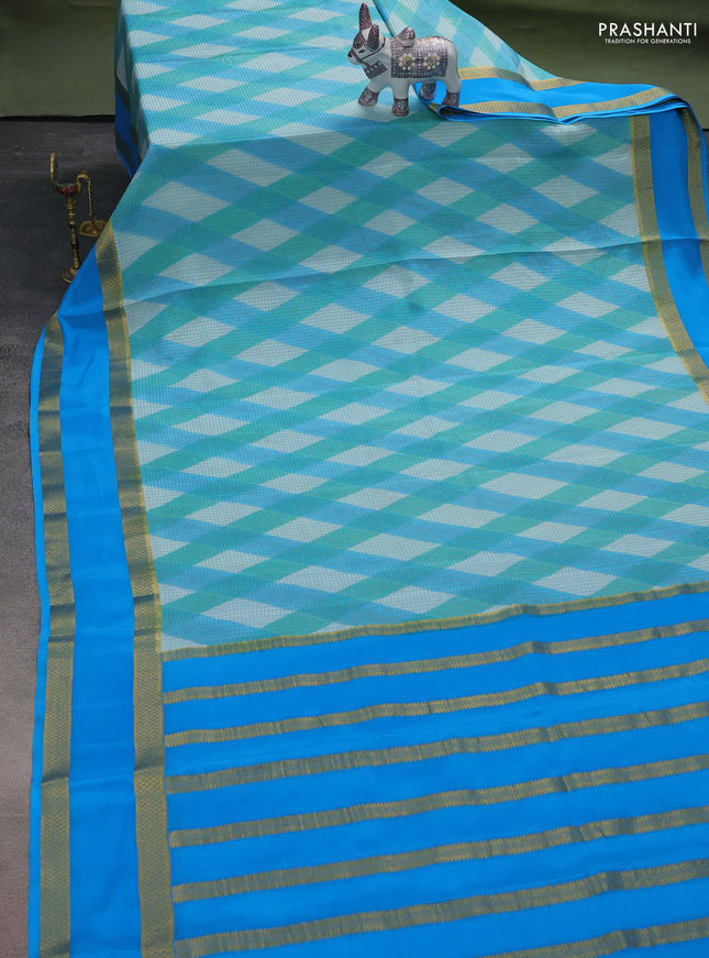 Pure mysore silk saree teal and cs blue shade with allover checks & geometric prints and rettapet zari woven border