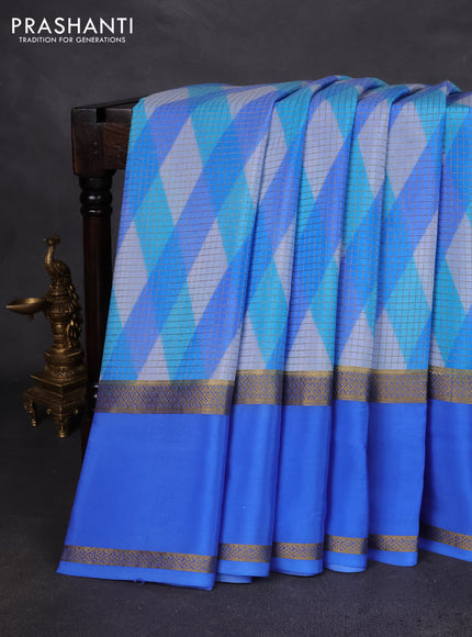 Pure mysore silk saree blue with allover checks & geometric prints and rettapet zari woven border