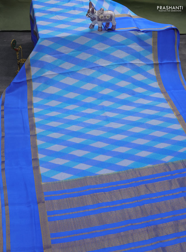 Pure mysore silk saree blue with allover checks & geometric prints and rettapet zari woven border