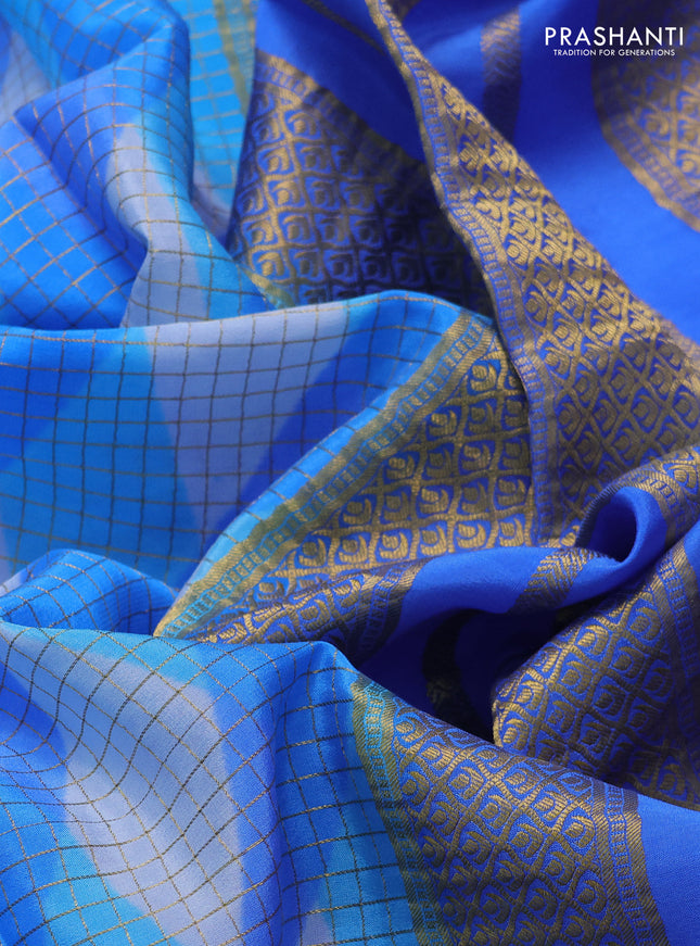 Pure mysore silk saree blue with allover checks & geometric prints and rettapet zari woven border
