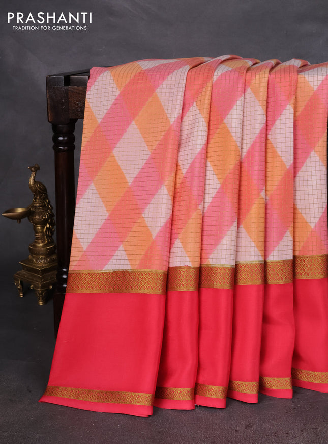 Pure mysore silk saree multi colour and dark peach with allover checks & geometric prints and rettapet zari woven border