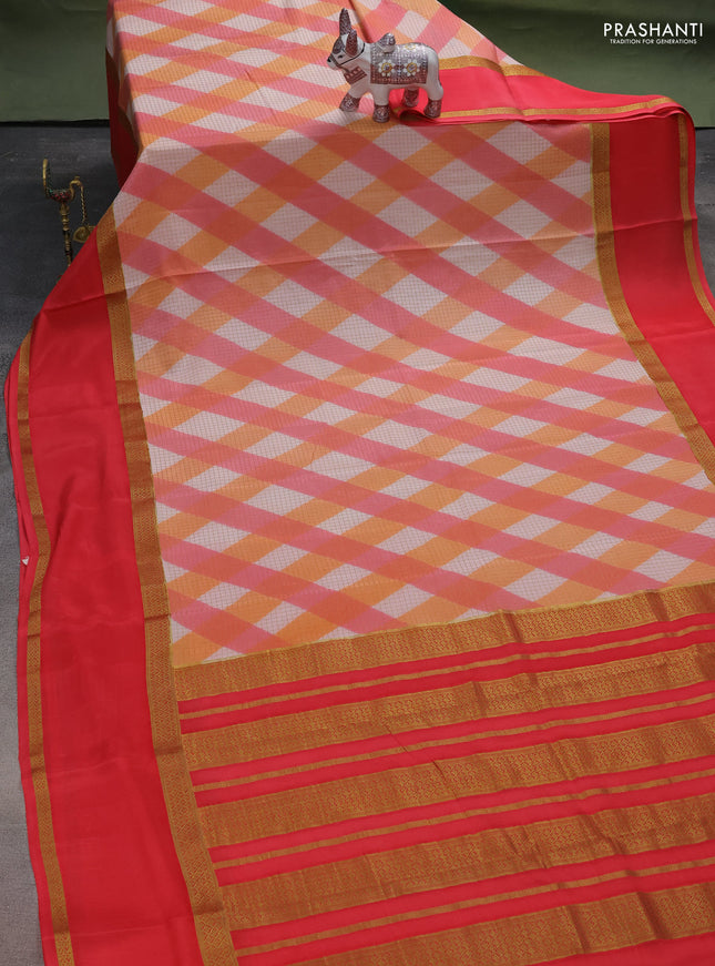 Pure mysore silk saree multi colour and dark peach with allover checks & geometric prints and rettapet zari woven border