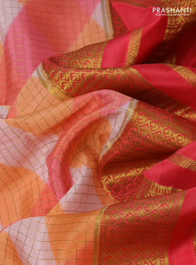 Pure mysore silk saree multi colour and dark peach with allover checks & geometric prints and rettapet zari woven border